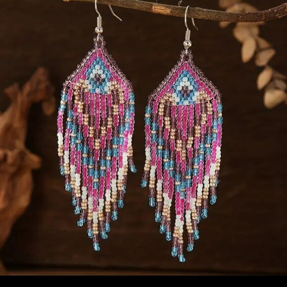 Colorful Beads Tassel Dangle Pink and Blue Earrings Retro Bohemian Style - Picture 9 of 10